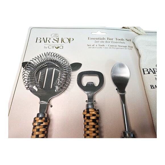 NEW The Bar Shop by Ciroa Essentials Bar Tools Set in Rattan Wicker - Picture 2 of 6